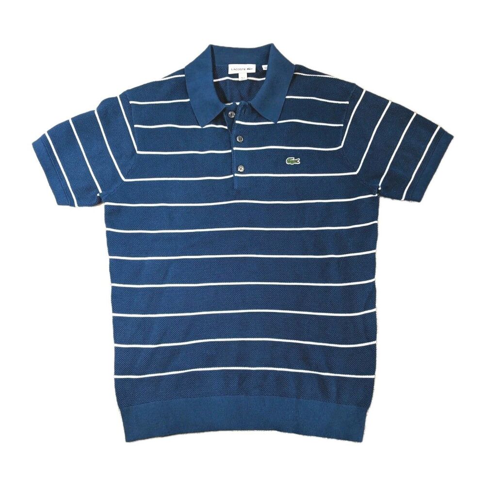 Lacoste Mens Knit Polo Sweater Shirt Blue White Striped AH4542 Size 4 Medium